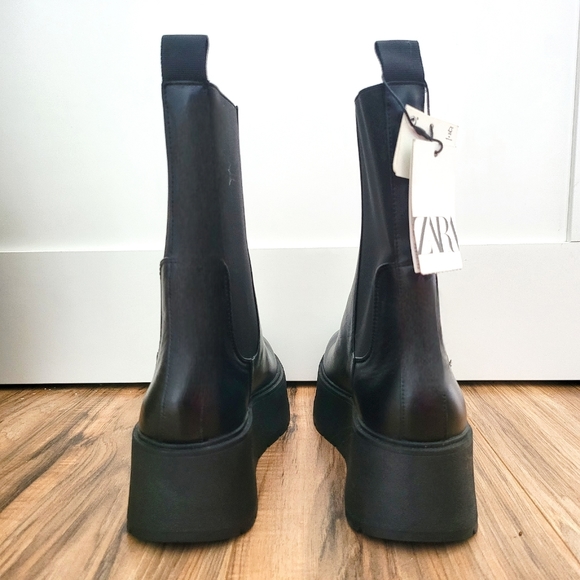 ZARA WOMEN'S FLAT LEATHER PLATFORM ANKLE BOOTS Black Genuine Leather US 9 NWT - Picture 14 of 15